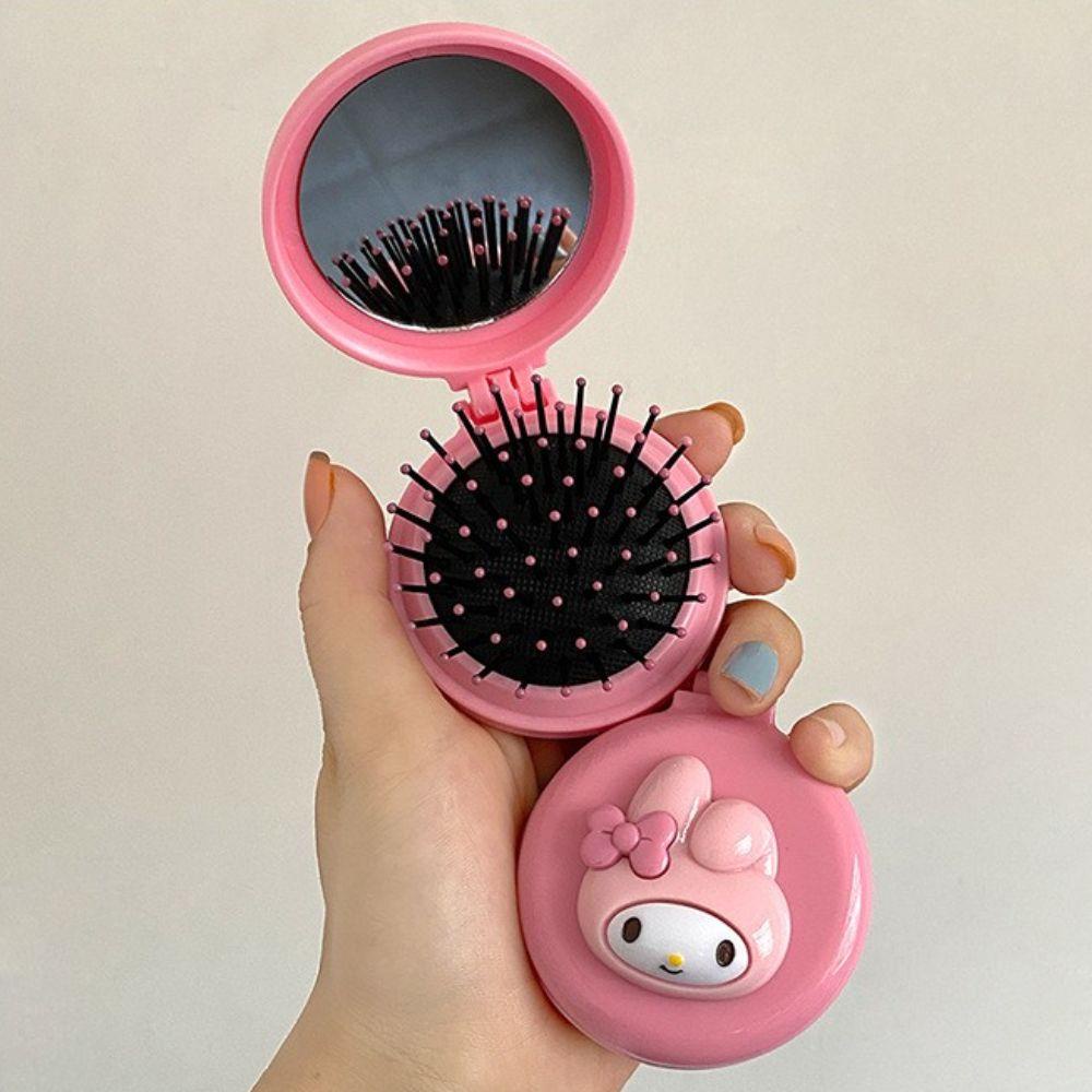 [Elegan] Sisir Bantal Udara Dengan Cermin Portabel Gadis Kreatif Beruang Pink Sisir Rambut Lipat