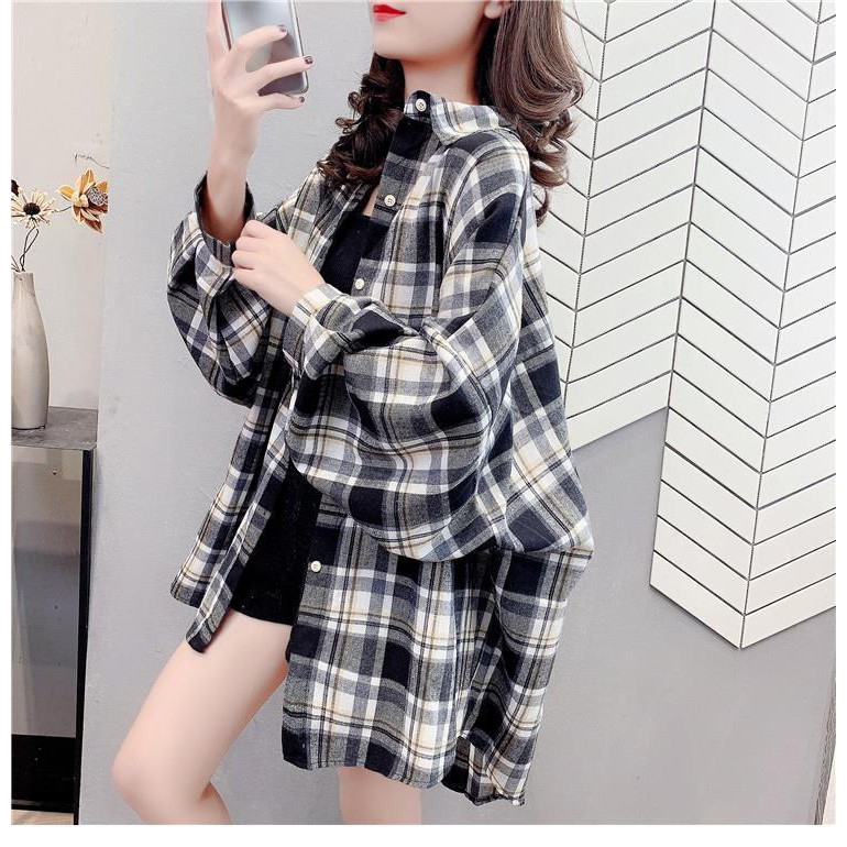 Import Korean Style Kotak Kotak Blouse Wanita/vintage Model Longgar Kemeja Wanita