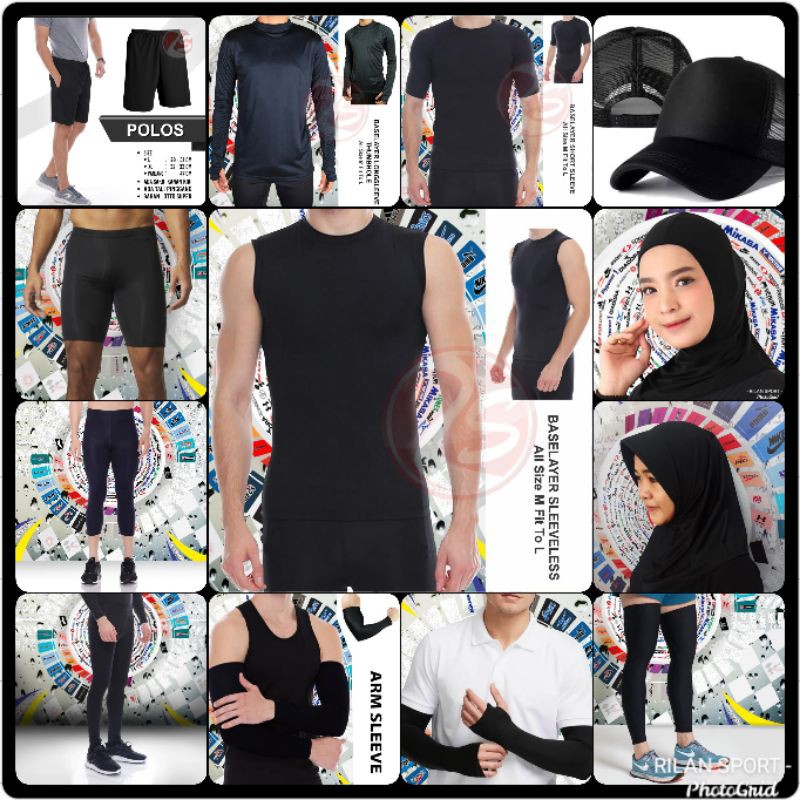 Baselayer manset leging celana baju hijab topi hitam polos sport wear renang sepakbola bulutangkis voli armsleeve legsleeve hand sock thumb hole skin deker