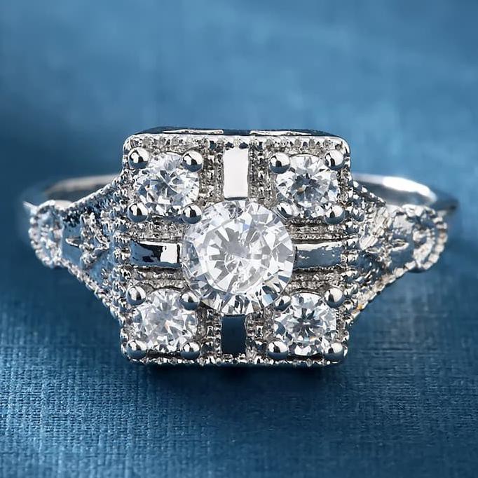 promo Cincin Lapis Emas Putih Batu Putih Kotak Besar Pria Wanita - BR208