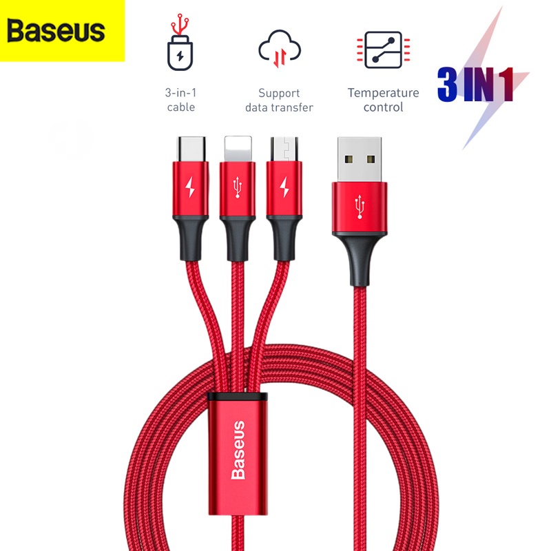 Baseus Kabel Data / Charger 3 In 1 3.5A IP Micro USB / Type C Fast Charging 1.2M Untuk Handphone