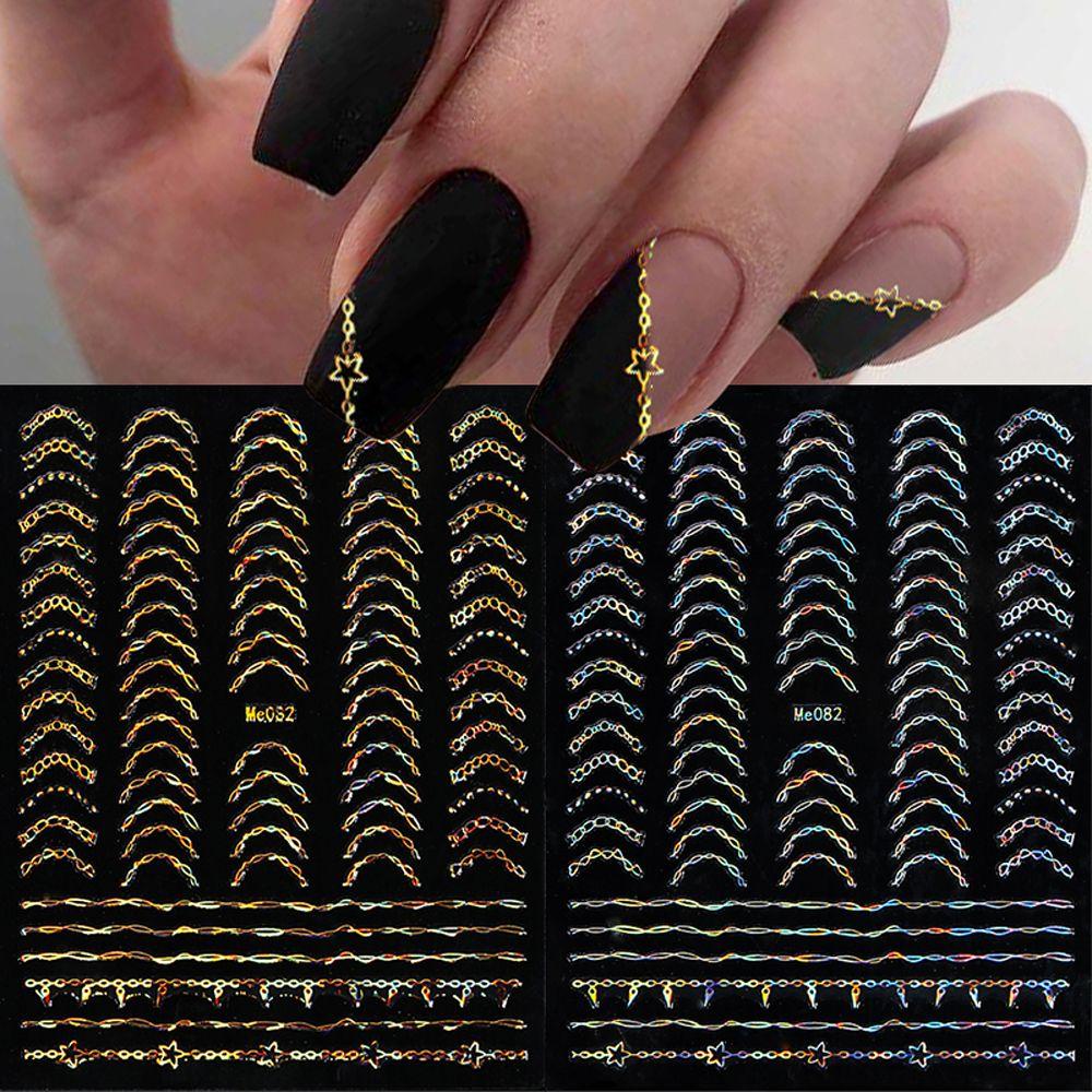 AUGUSTINA Agustin 3D Stiker Kuku Laser Fashion Gaya Perancis Glitter Nail Art Dekorasi Geometris Striping Tape