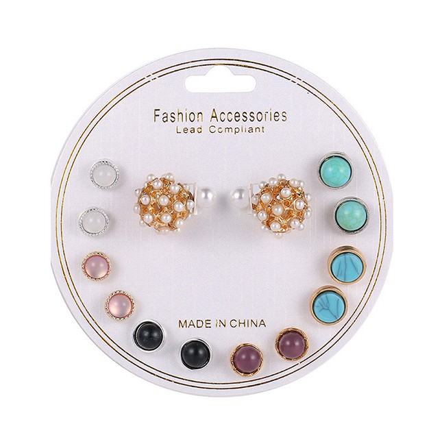 LRC Anting Set Fashion Multi-color Gemstone&amp;pearls Decorated Earrings(14pcs)