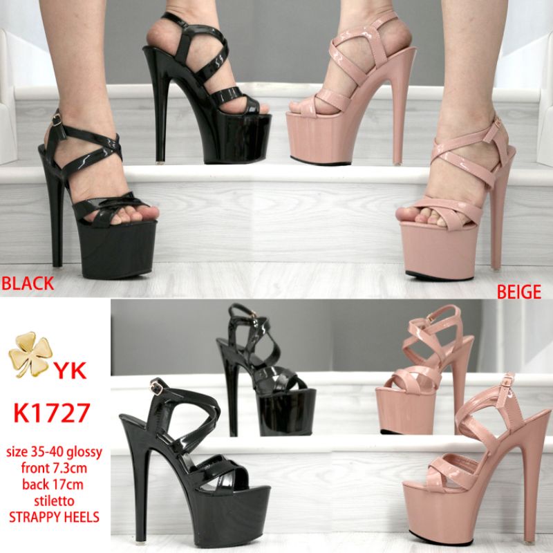 YKshoes 1727 heels 17cm stiletto heels hak tali black beige heels strappy silang glossy sepatu hak t