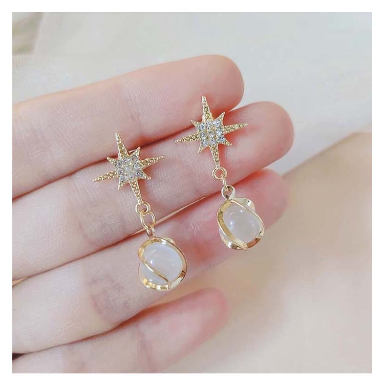 Anting Tusuk Panjang Bentuk Bintang Bahan Sterling Silver 925 Hias Opal + Berlian Imitasi Untuk Wanita