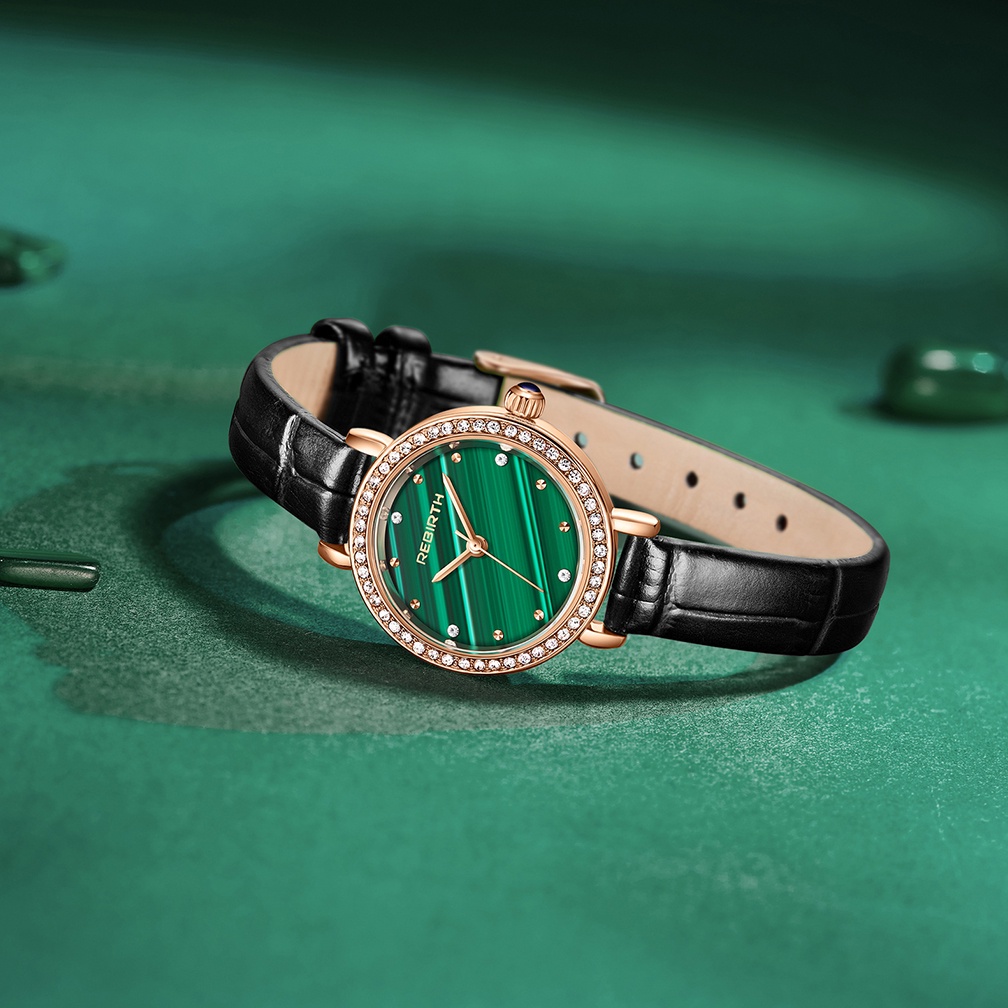 REBIRTH Jam Tangan Wainita Retro Green Dial Tahan Air Kuarsa Tali Kulit Jam Tangan Cewek