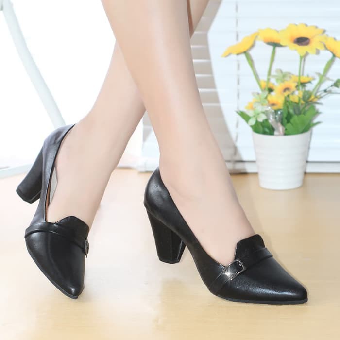 Pantofel Wanita Hitam Paskibra Korea Import bisa cod Perawat Kerja Kulit High Heels Sepatu Kantor