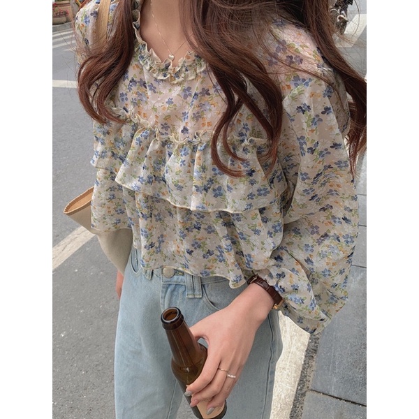 [BRACHA]Blouse atasan wanita motif bunga lengan panjang Import katun-1