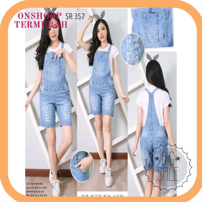 Termurah Baju Celana Kodok Overall Jumpsuit Pendek Jeans Import Tebal Premium Ripped Sobek Jumbo