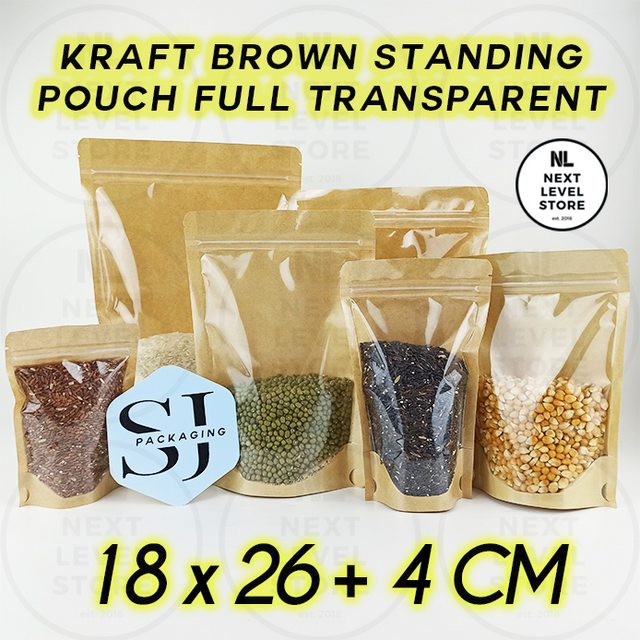 Standing Pouch Kraft Brown 18x26+4cm Full Transparent Ziplock Flat