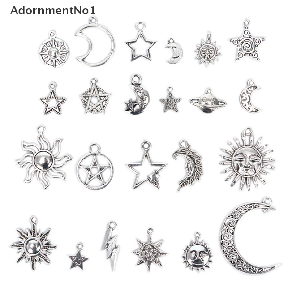 (AdornmentNo1) 23pcs / Set Liontin Bentuk Bulan / Bintang / Matahari Warna Silver Untuk Kerajinan Tangan DIY