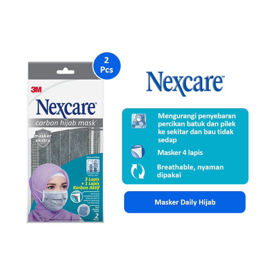 Nexcare 3M Masker Carbon Hijab 3 lapis Headloop 4 ply Mask 2 Pcs Daily Masker