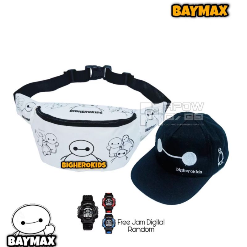 Paket 3in1 Tas Waist Bag anak Karakter Motif Baymax/free topi baseball bordir dan jam tangan