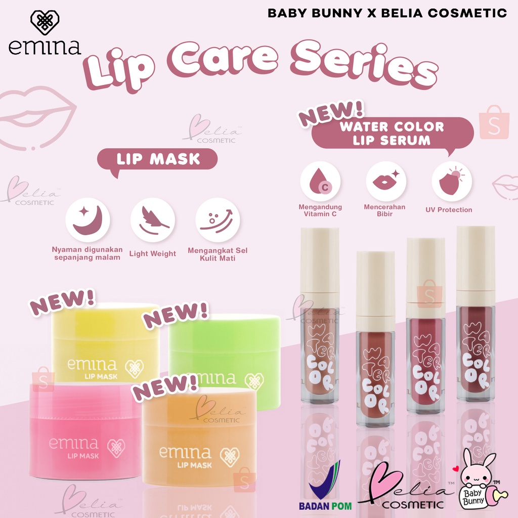 ❤ BELIA ❤ Emina Lip Mask Sleeping Mask &amp; Watercolor Lip Serum | Lip Mask | Lip Serum | Perawatan Bibir | BPOM