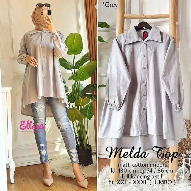 Melda Top Kemeja Oversize Lengan Panjang Korean Style Bahan Katun Paris Jumbo 4XL