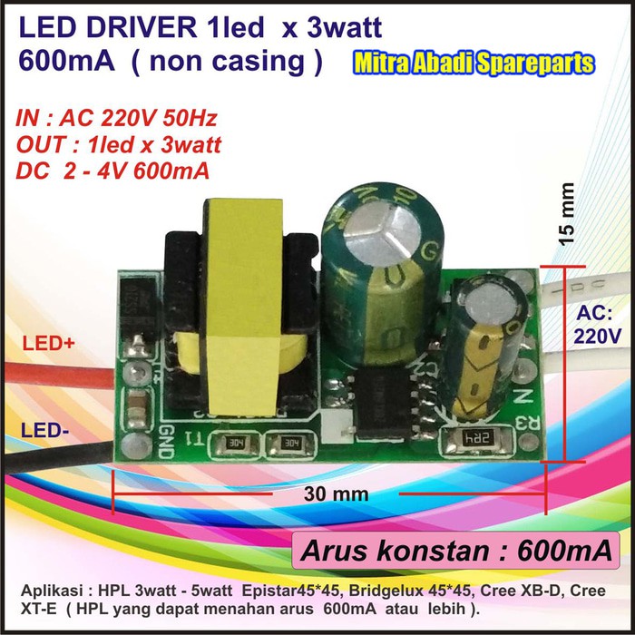 Ready Stok LED Driver 1 3W 3 Watt HPL 600 mA non Casing  AC 220V 3W 15 30mm Diskon