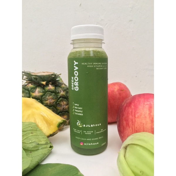 

AJLAhaus - Cold Pressed Healthy Juice 250ml - Green GROOVY (Pokcoy, Bayam, Timun, Nanas, Apel)