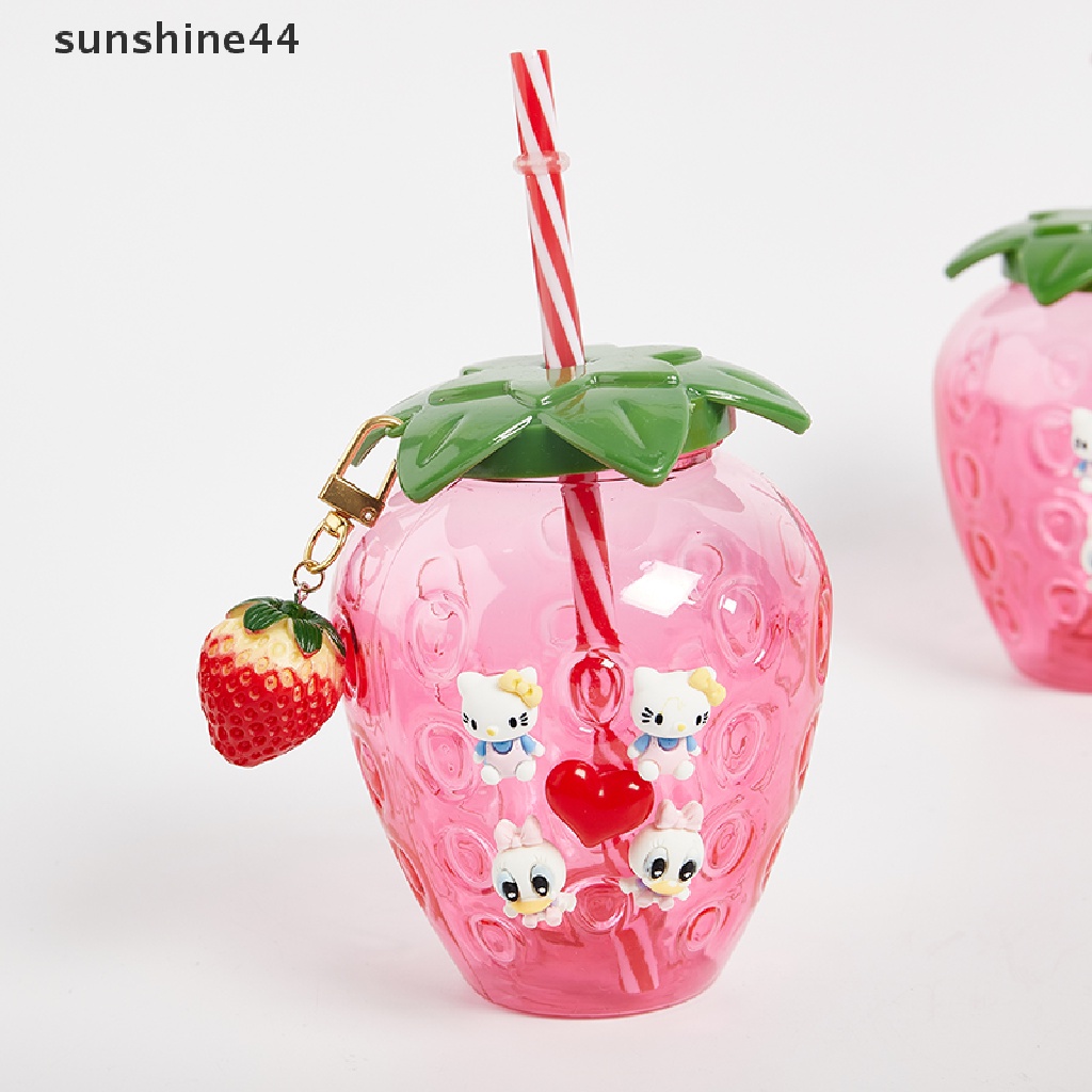 Sunshine Cangkir Minum Susu / Teh / Kopi Bahan Plastik Motif Kartun strawberry Dengan Sedotan