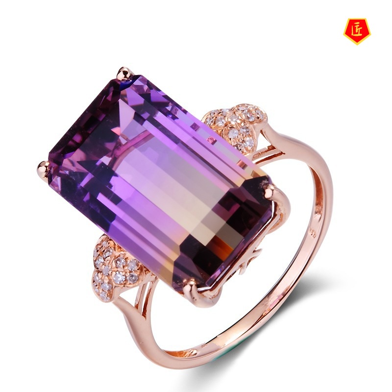 [Ready Stock]Micro-Inlaid Natural Amethyst Ring 18K Rose Gold Colored Gemstone