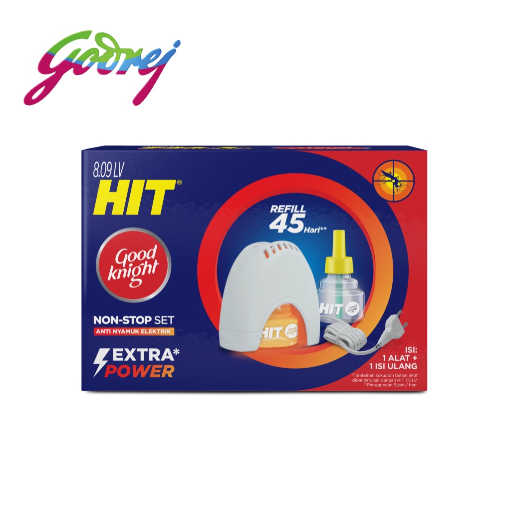 Hit Good Knight Non Stop Set - Obat Nyamuk Elektrik - Bunuh Nyamuk Penyebab Demam Berdarah (DBD) - PAKET HIT OBAT NYAMUK CAIR ELEKTRIK LISTRIK NON STOP REFILL+ LAMPU ( 8.09 LV) 45 MALAM