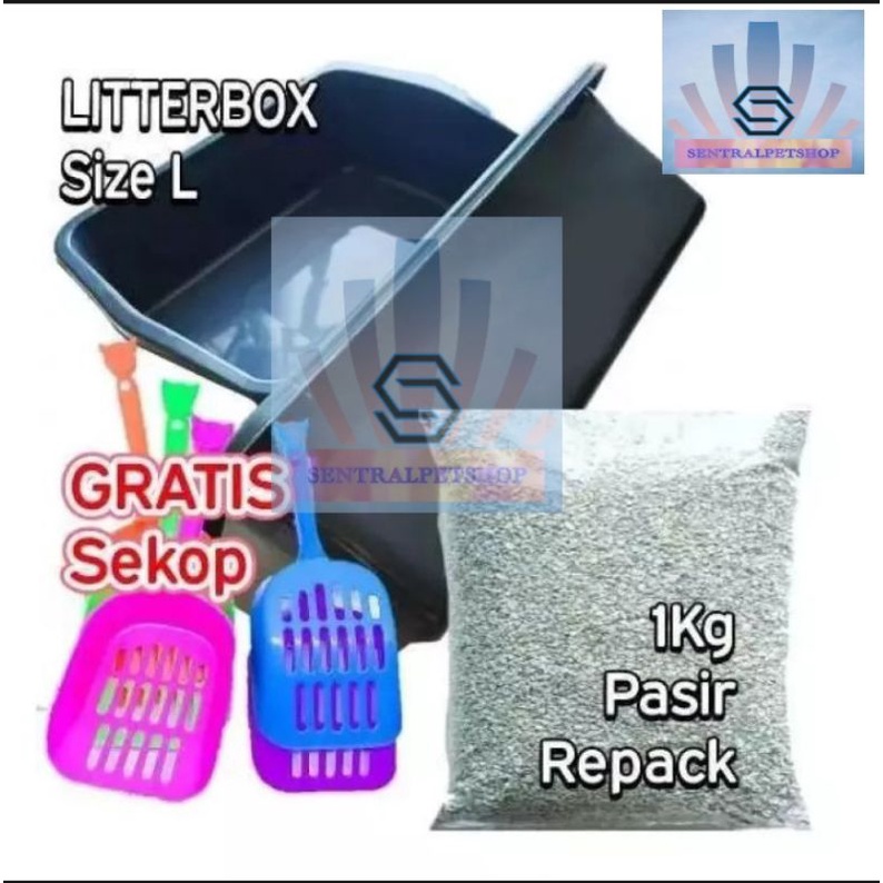 Litter Box Kucing Besar 1 Set Bak L + Sekop + 1Kg Pasir