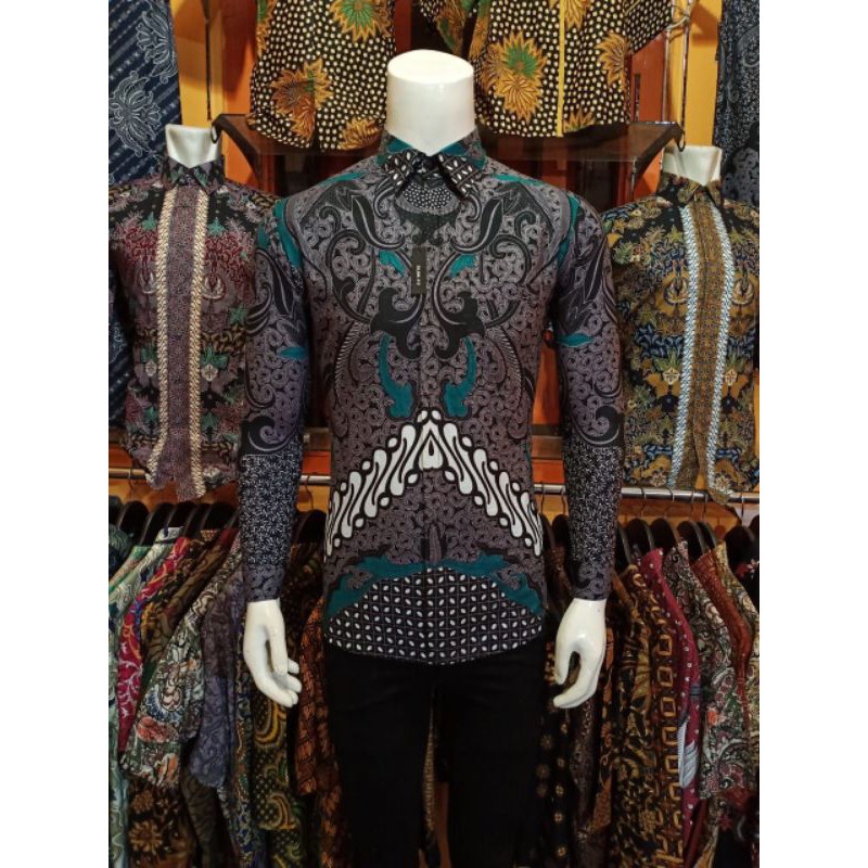 KEMEJA BATIK PRIA LENGAN PANJANG EXCLUSIVE BAHAN KATUN AMNGKURT ABU HEM BATIK SLIMFIT KUALITAS BUTIK