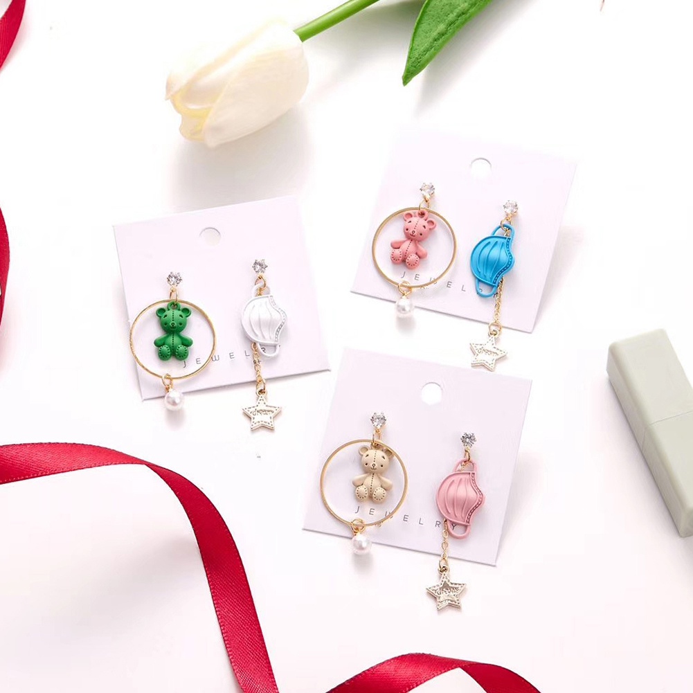 Hu Hu Hu Hu Hu Alat Bantu Pasang Kacamata♡ Anting Tusuk Gantung Wanita Asimetris Desain Beruang + Bintang + Mutiara Imitasi Untuk Hadiah