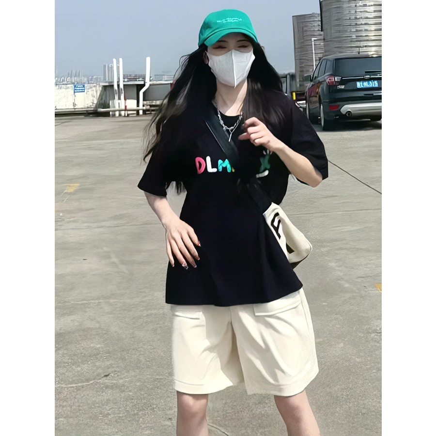 EUNII T-shirt Lengan Pendek Cetak Bahasa Inggris Berwarna Manis Gaya Korean Style/Kaos Atasan Wanita/Baju Kaus Oversize Wanita