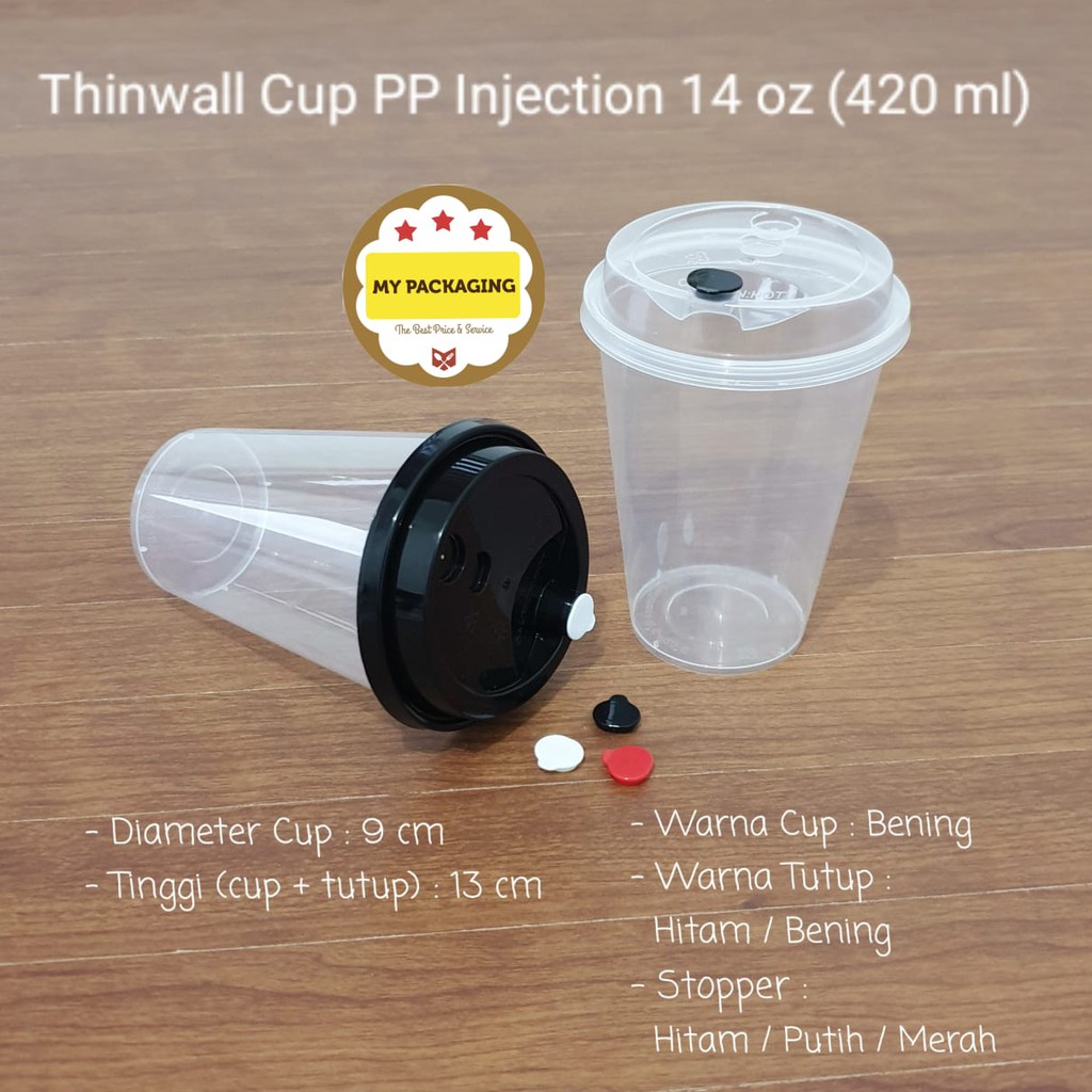 Gelas Boba / Cup PP Injection 400ml 14oz (Cup+Tutup+stopper) PREMIUM (Harga per 25set)