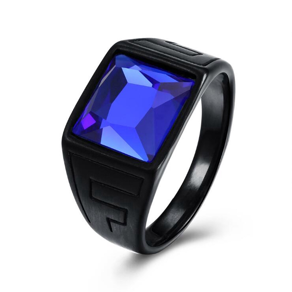 Cincin Safir Baja Titanium Hitam Batu Permata Kristal Biru Pria Wanita Fashion Perhiasan Aksesoris Rings