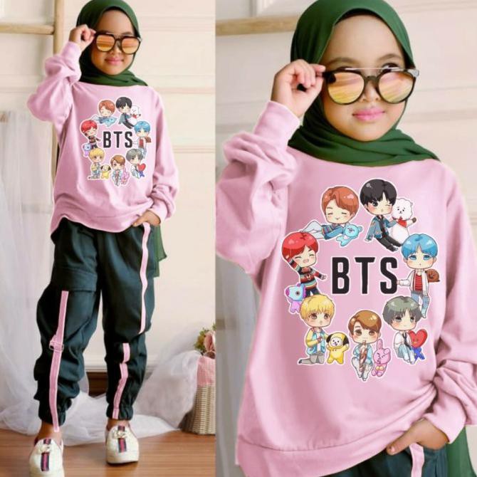Setelan Celana Training Anak Perempuan BTS/Fashion Anak Perempuan/Baju - pink