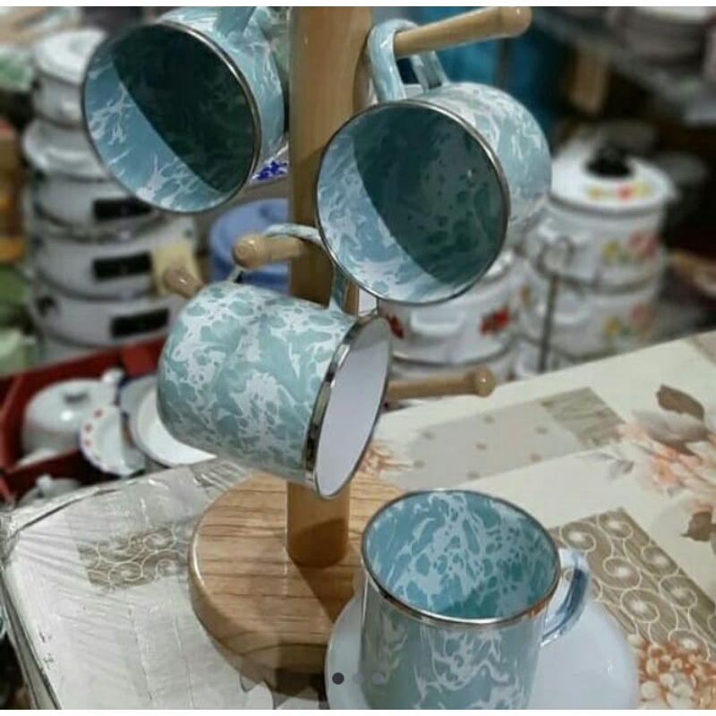 MUG CANGKIR ENAMEL SENG KALENG BURIK BLURIK BLIRIK LOREK LORENG BATIK HIJAU TOSCA TOSKA 8 CM JADUL