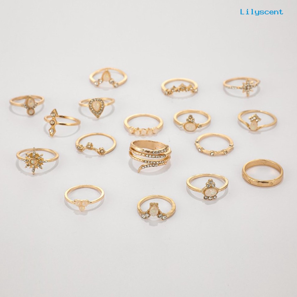 Ls 17Pcs / Set Cincin Wanita Hias Batu Permata / Berlian Imitasi Gaya Bohemian Untuk Kencan / Hadiah
