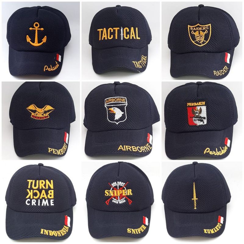 topi jaring doublemess / topi trucker bordir / topi security / topi komando/ topi Perbakin topi garuda indonesia