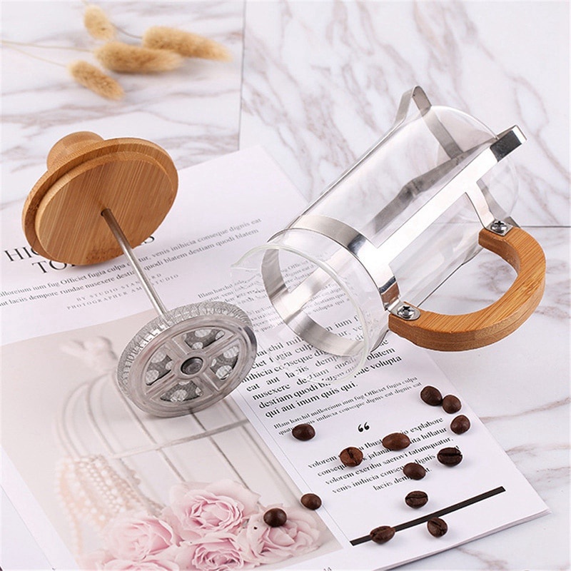 Teko Pot Press Coffee Maker Pot Gagang Kayu 350ml Transparent