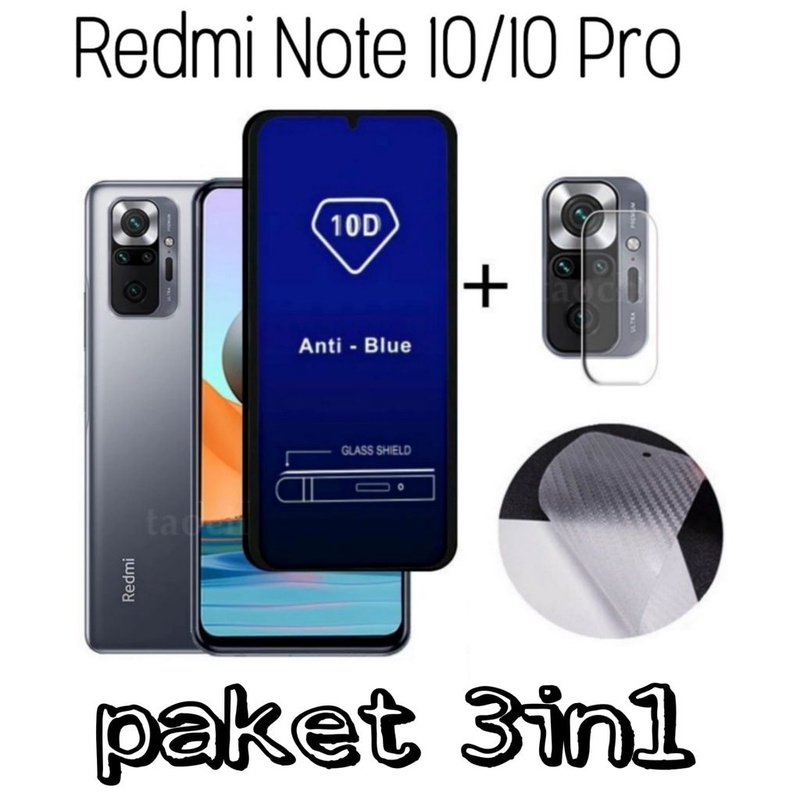 PAKET 3IN1Tempered Glass Blue REDMI NOTE 10 4G/5G /10 PRO 4G/NOTE 10S NOTE 11 Anti Radiasi/Uv Full Lens Kamera Garskin 3in1
