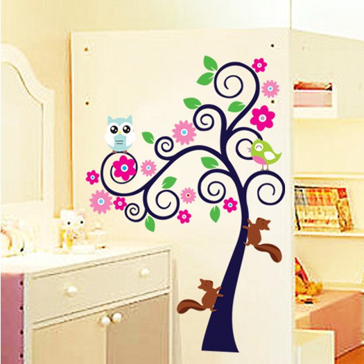 Reliza Wall Sticker Pohon Owl Tree Bird Colorfull Stiker Dinding LDR