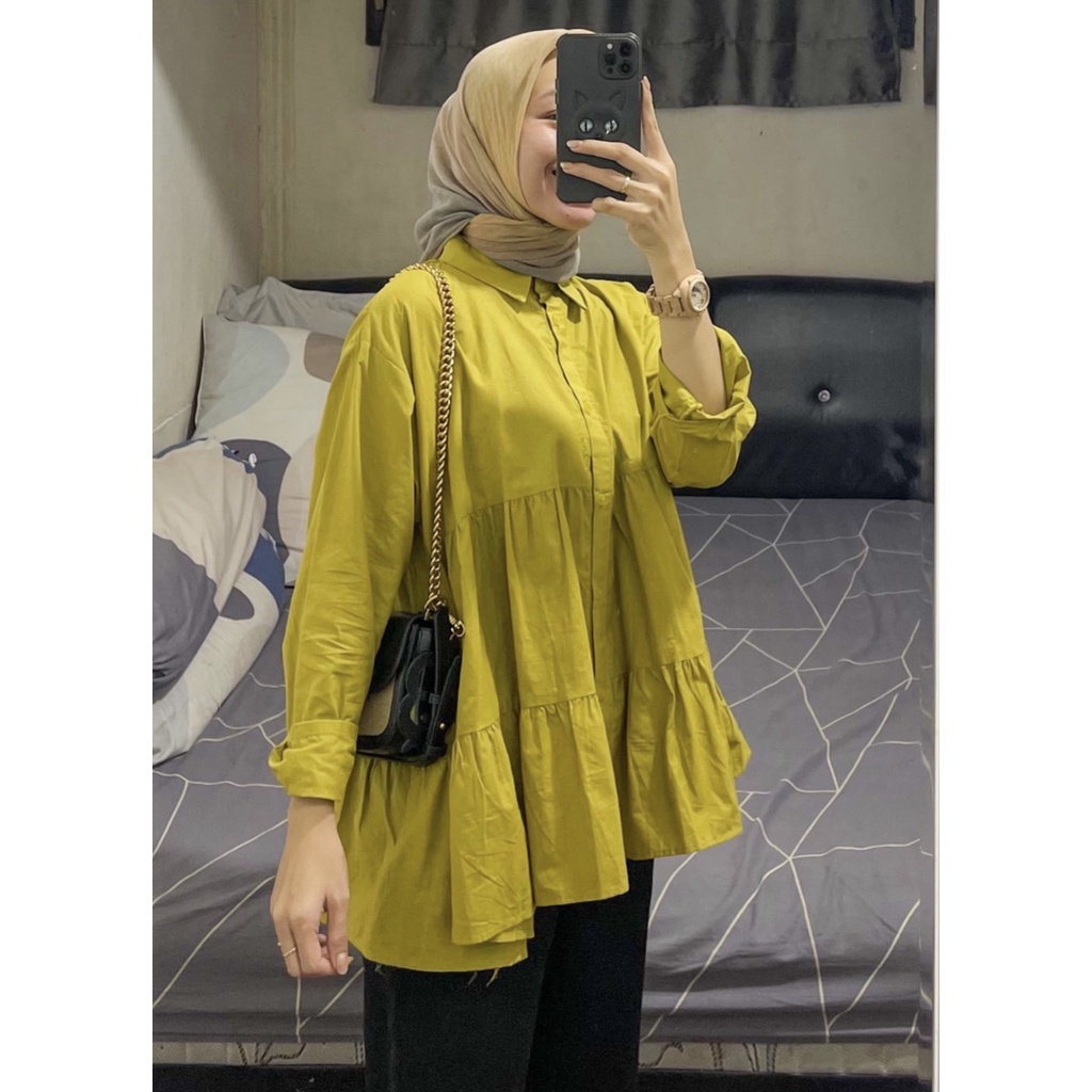 DITA TOP / KEMEJA RUFFLE ATASAN BAJU WANITA RAMPEL FULL KANCING BUSUI FRIENDLY | Baju Remaja Wanita 