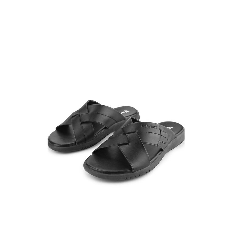 PL47 SANDAL SLIDE PLAYBOY PRIA ORIGINAL CASUAL KULIT BRANDED HITAM