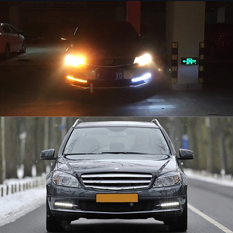 2Pcs Mobil Lampu LED Lampu Siang Hari Berjalan Lampu Tahan Air Warna Ganda Putih Amber Auto DRL Lampu Sein 12V