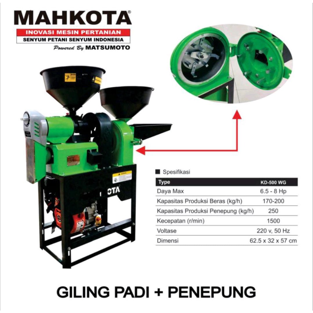 Mesin Giling Padi Jadi Beras Penepung Mahkota KD500WG Engine 7HP Selep KD 500 WG LENGKAP