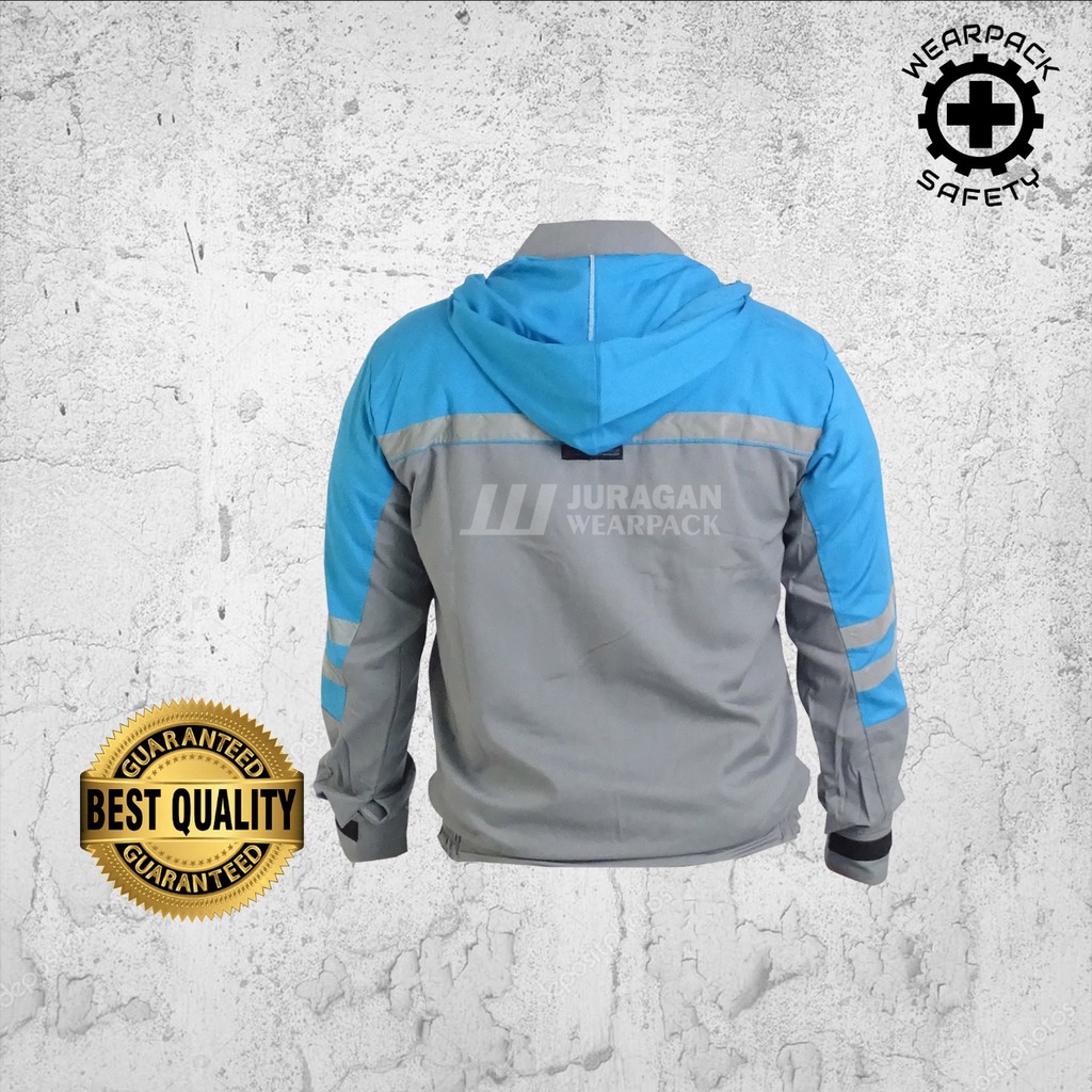 Wearpack Kerja / Wearpack Safety Jacket Hoodie Weather Shield Warna Biru Toska Kombinasi Abu-abu