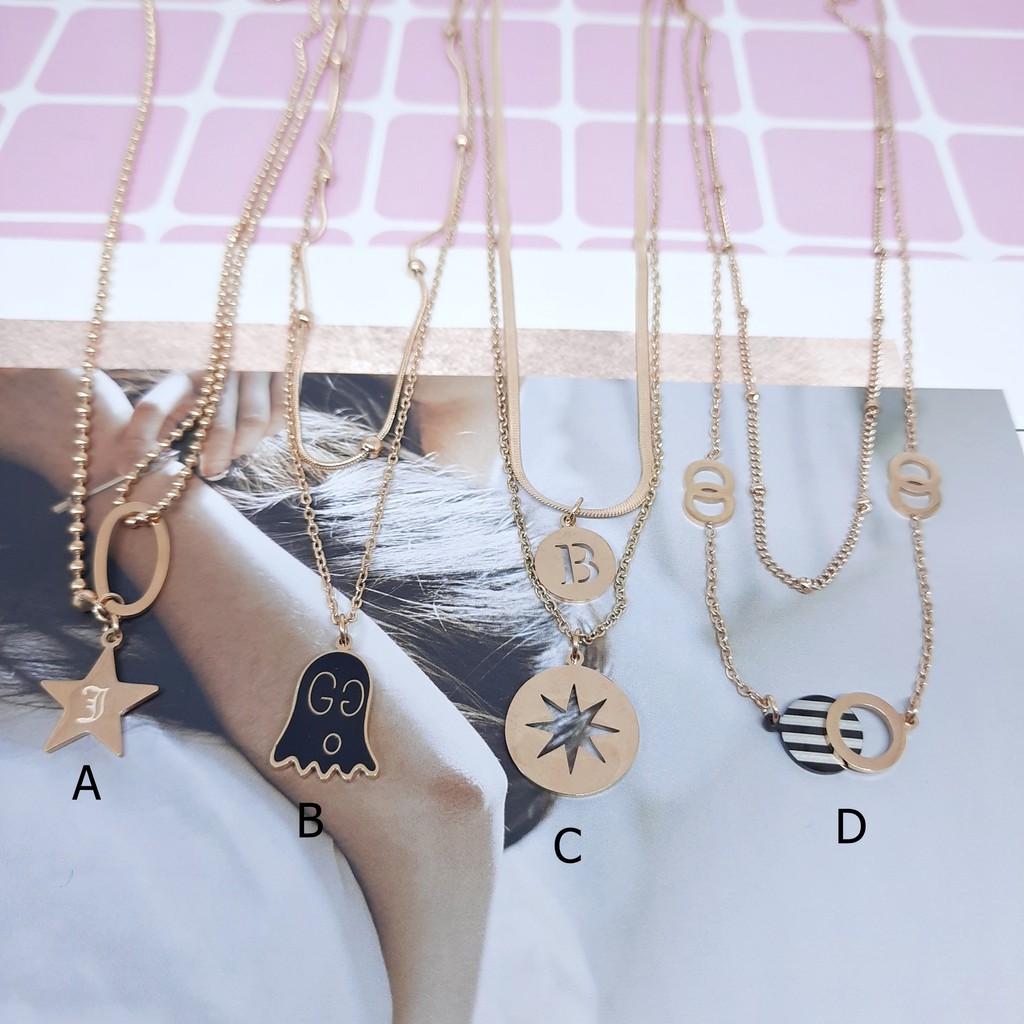 Kalung Kpop Titanium Korea 2 Layer Import Rantai Biji Lada Cassandra Belut Rosegold - BN423