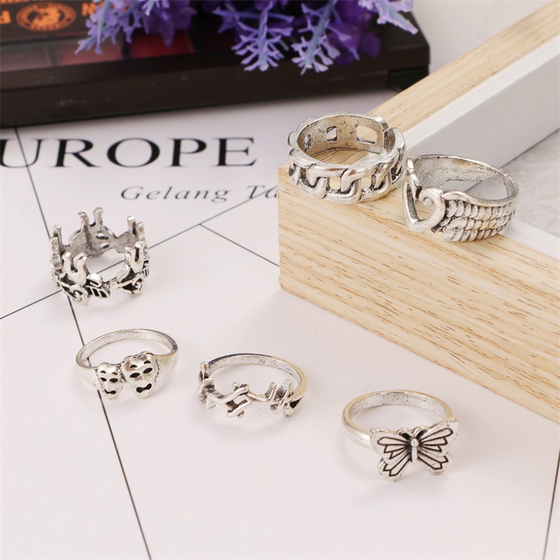 6 piece set opening adjustable personality ring skull exaggerated joint ring Cupid love butterfly ring For women