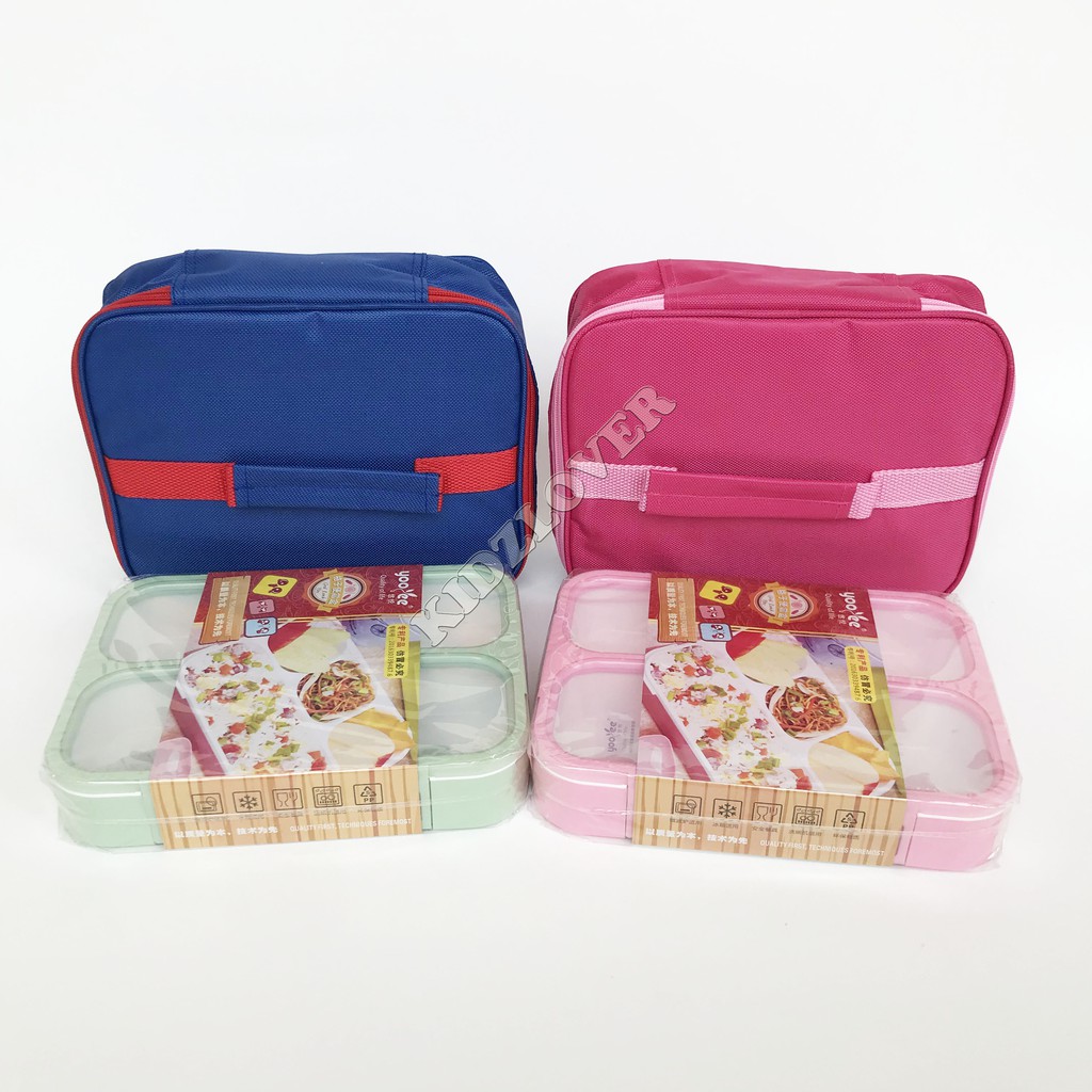 Paket Lunch Box Yooyee 4 Sekat + Lunch Bag Polos / 2 in 1 / Tas Bekal Kotak Makan