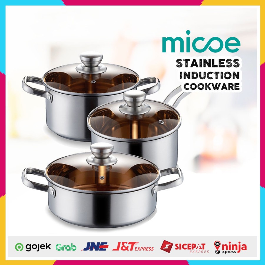 Cookware Pan Set Paket Panci Stainless Glass Lid Kompor Induksi Micoe