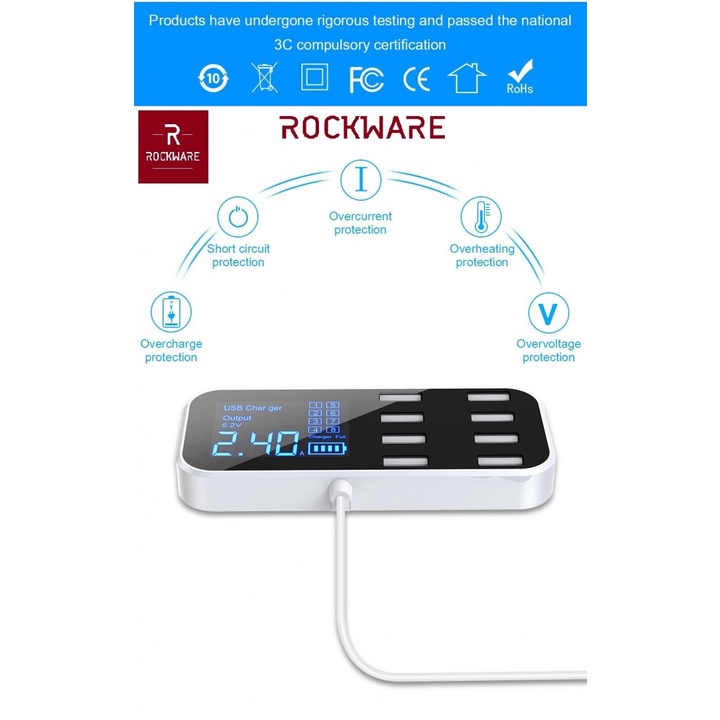 ROCKWARE WLX-A9S - Charger Mobil 8 USB Port dan Layar LCD (40W Max)