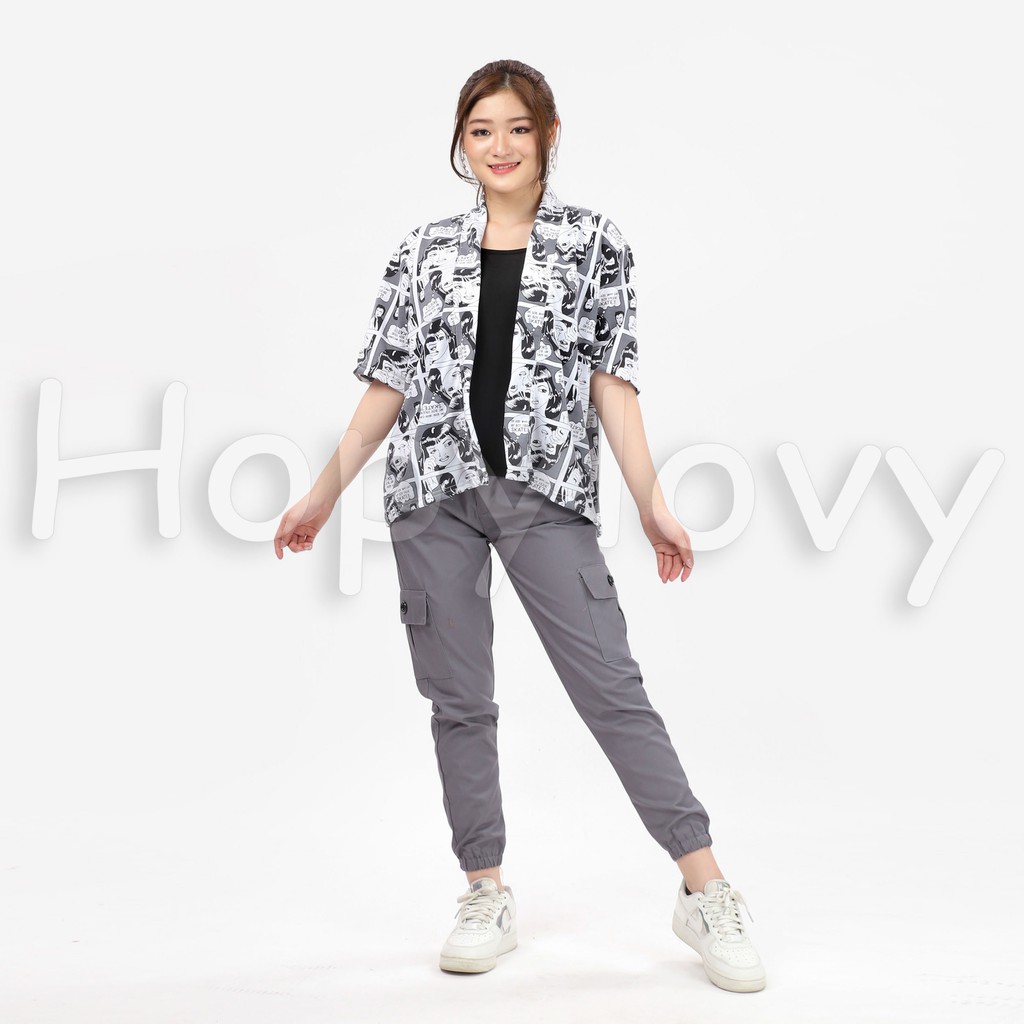 HOPYLOVY Cardigan Cardi Wanita Kekinian Outer Motif Komica