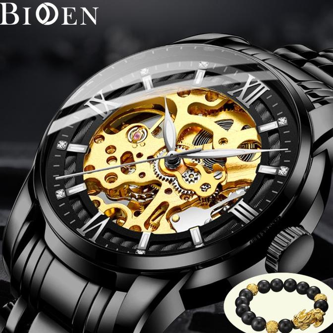 BIDEN Jam tangan Pria Mekanik Tali stainless steel Display Kuarsa