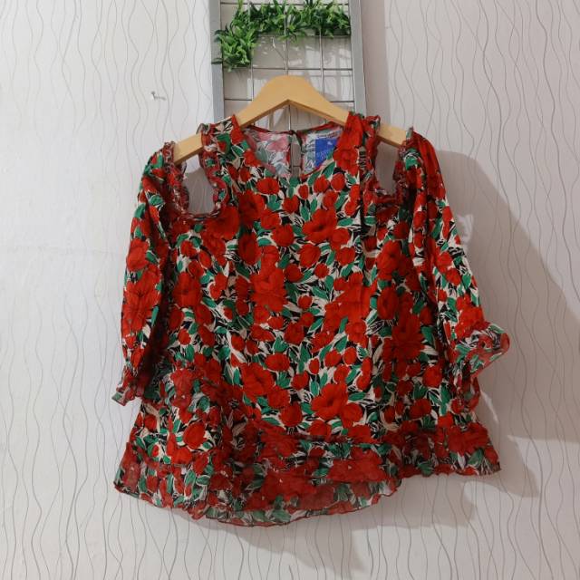 Baju atasan blouse wanita import PL 96/57 corak bunga merah
